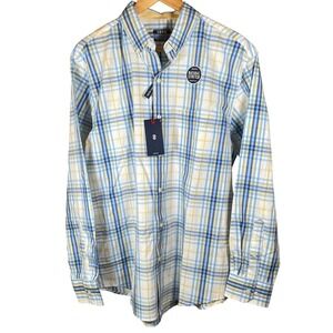 NWT IZOD Men's Medium Long Sleeve Button Up Shirt Blue Yellow Plaid Stretch Golf